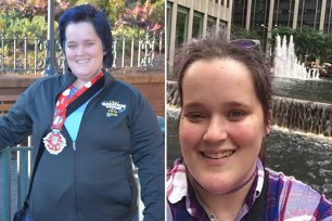 Megan Troutwine taking a selfie with one eye partially drooped due to a brain tumor, captured near Times Square in New York City.