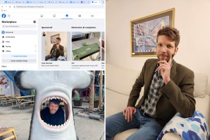 Facebook Marketplace listings showing "Date Michael" ad with picture of him, top left; Michael posing with shark attraction, bottom left; him posing for photo wearing blazer and glasses at right