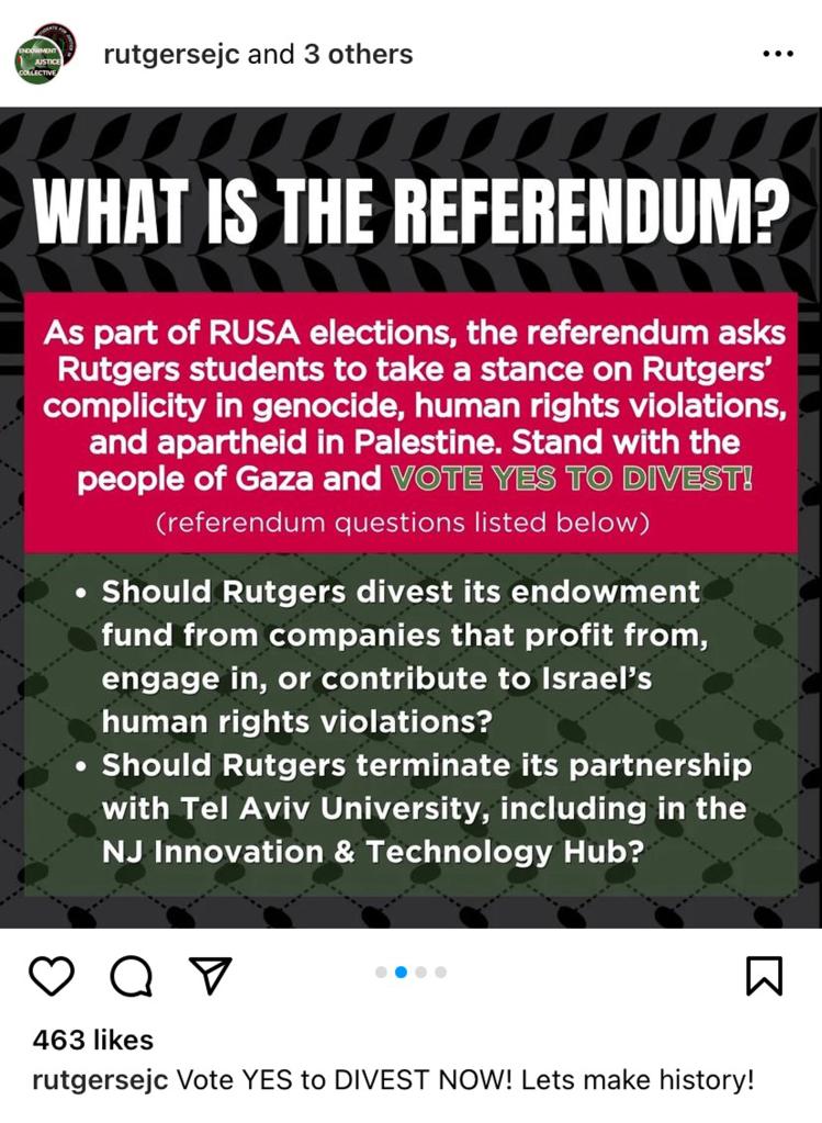 A screenshot of a pro-Referendom Instagram post about Rutgers student organizations pushing for the university to divest from Israel.