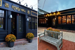 A composite photo of Rowdy Hall. The front of the pub and a shot that includes a bench