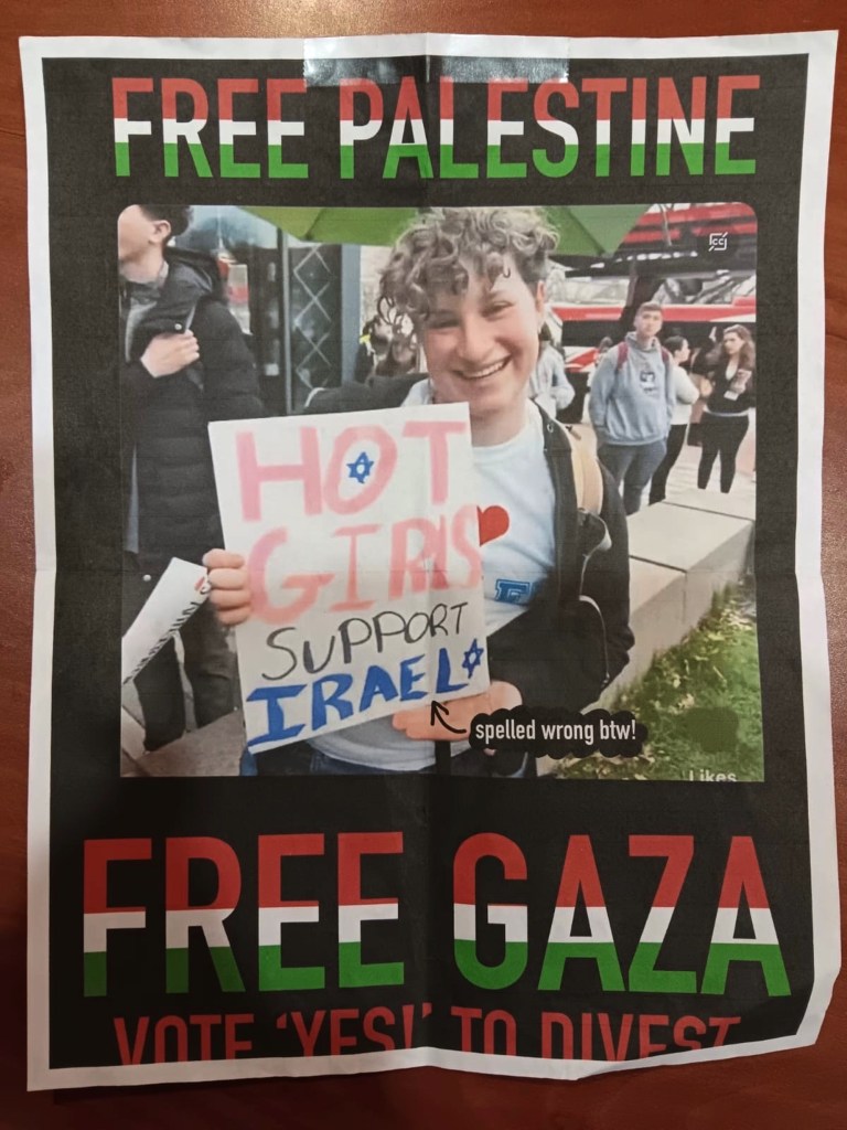Rivka Schafer, a Rutgers student, holding a sign at a pro-Israel march, unintentionally featured on Free Palestine, Free Gaza campus posters
