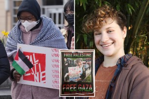 Pro-Palestinian activists from Rutgers holding signs at flags at left; inset of flyer distributed with Rivka Schafer's face on it; Schafer smiling in headshot at right