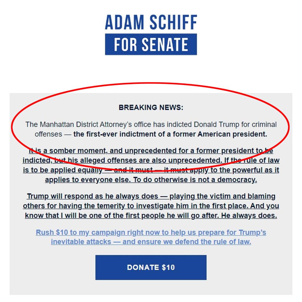 Screenshot of a fundraising email sent by Rep. Adam Schiff, related to Authentic Campaigns led by Loren Merchan