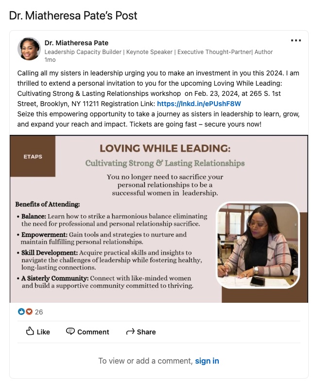 A LinkedIn post by Tate promoting her business.