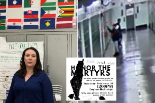 Danielle Kaminsky in front of flags from around the world, a flyer promoting a pro-Palestine rally with a hateful note scribbled on it, a security camera still of a student performing a Nazi salute