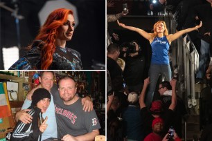 becky lynch in a leather jacket upper left; becky lynch holding up a peace sign as she poses with two others from hibernia bar lower left; becky lynch in blue tank and black pants standing out amid the crowd with her arms stretched wide, right