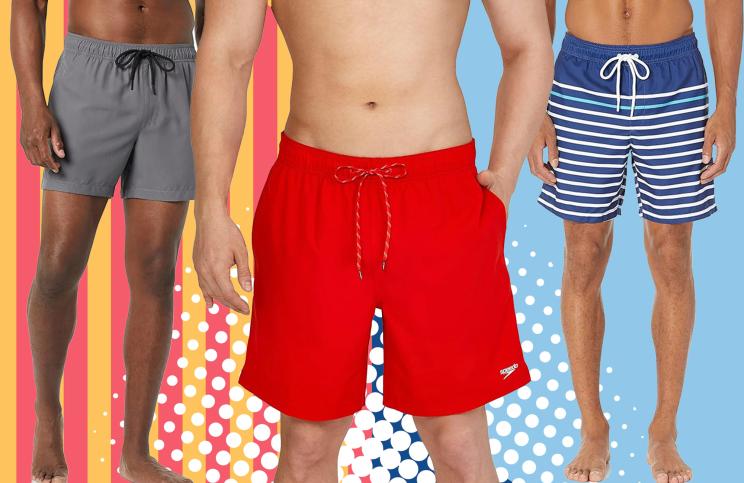 A man wearing red swim shorts.