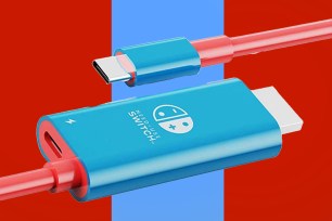 A blue and red device on a red and blue background.