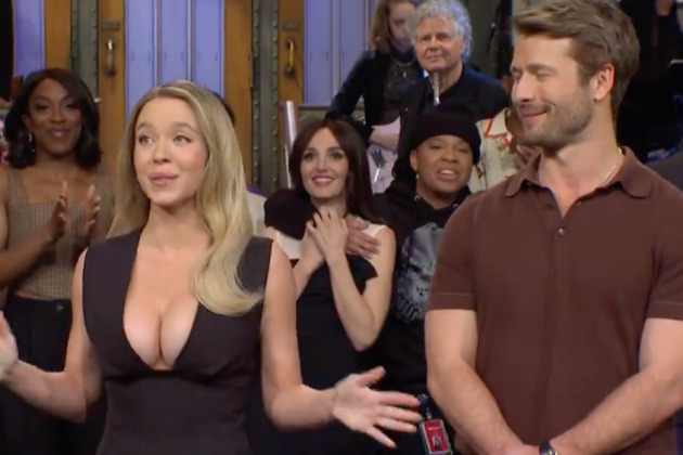 Sydney Sweeney in a revealing black dress on Saturday Night Live. 