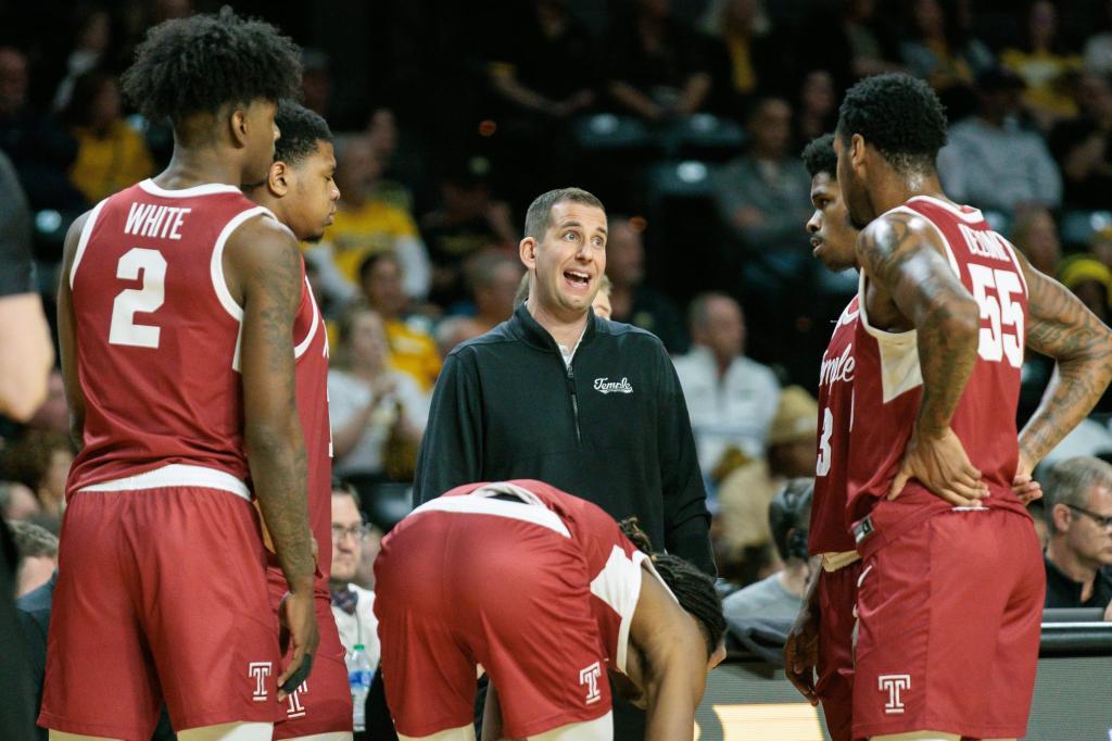 Temple coach Adam Fisher speaks to his team in February 2024.