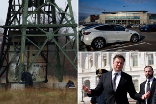 Tesla CEO Elon Musk, Tesla plant, damaged pylon near factory