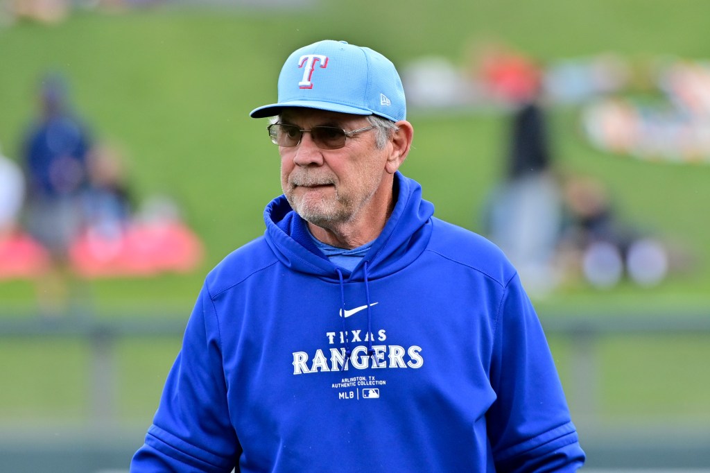 Rangers manager Bruce Bochy (15) looks on prior to a spring training game against the Colorado Rockies at Salt River Fields at Talking Stick.