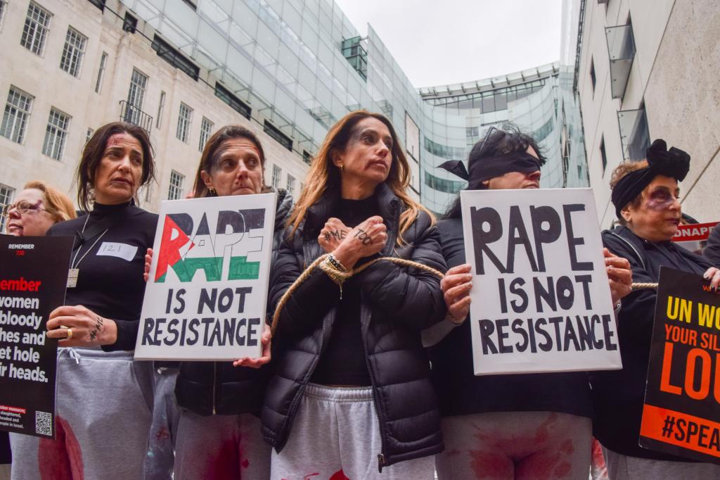 A London protest against rape committed by Hamas against Israelis during the Oct. 7 terror attacks on Feb. 4, 2024.