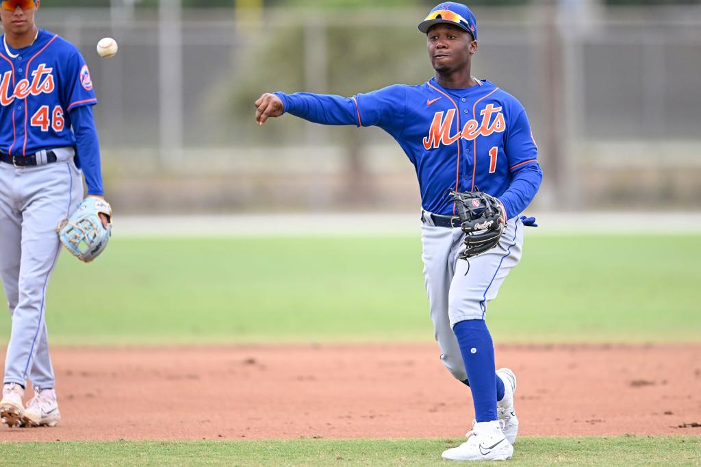 Junior Tilien #1 of the New York Mets warms up prior to a minor league spring training game against the St. Louis Cardinals at the George Kissell Quad on March 19, 2023 in Jupiter, Florida.