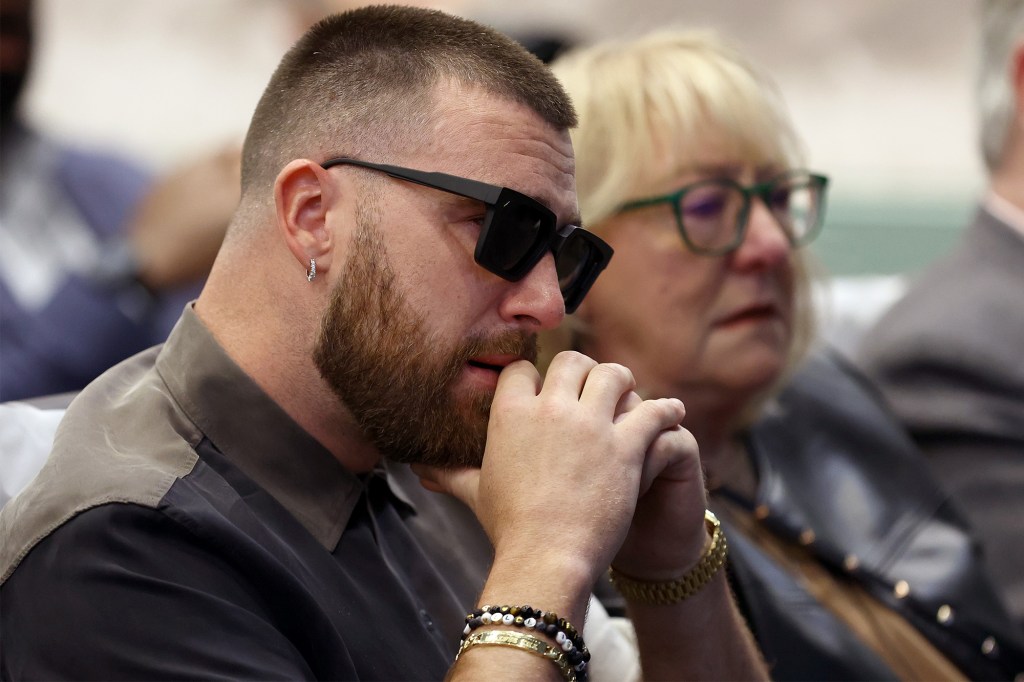 Travis Kelce gets emotional at brother Jason's NFL retirement on March 4, 2024.