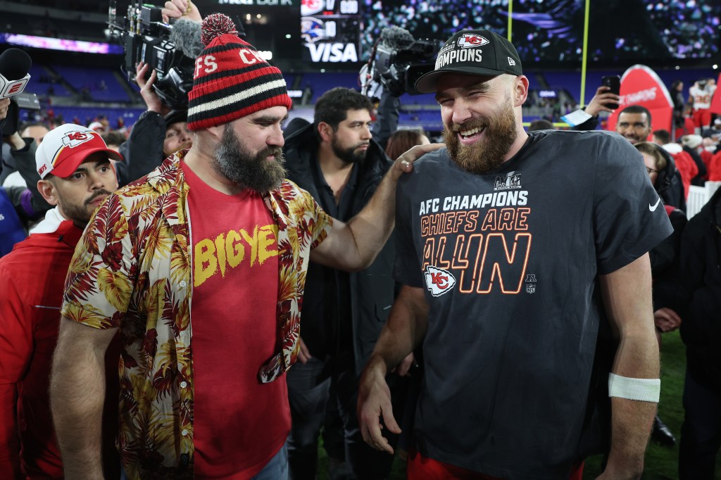 Jason Kelce celebrates Travis Kelce and the Chiefs clinching a Super Bowl berth in January 2024.