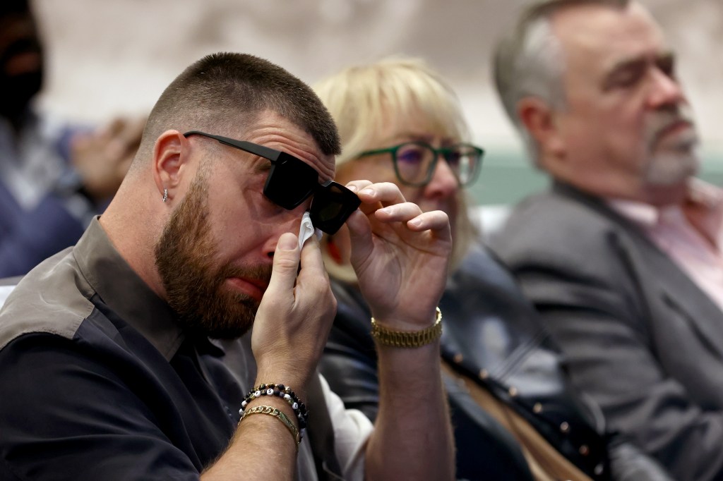 Travis Kelce #87 of the Kansas City Chiefs reacts during his brother, Jason's, retirement from the NFL at NovaCare Complex on March 4, 2024 in Philadelphia, Pennsylvania. 