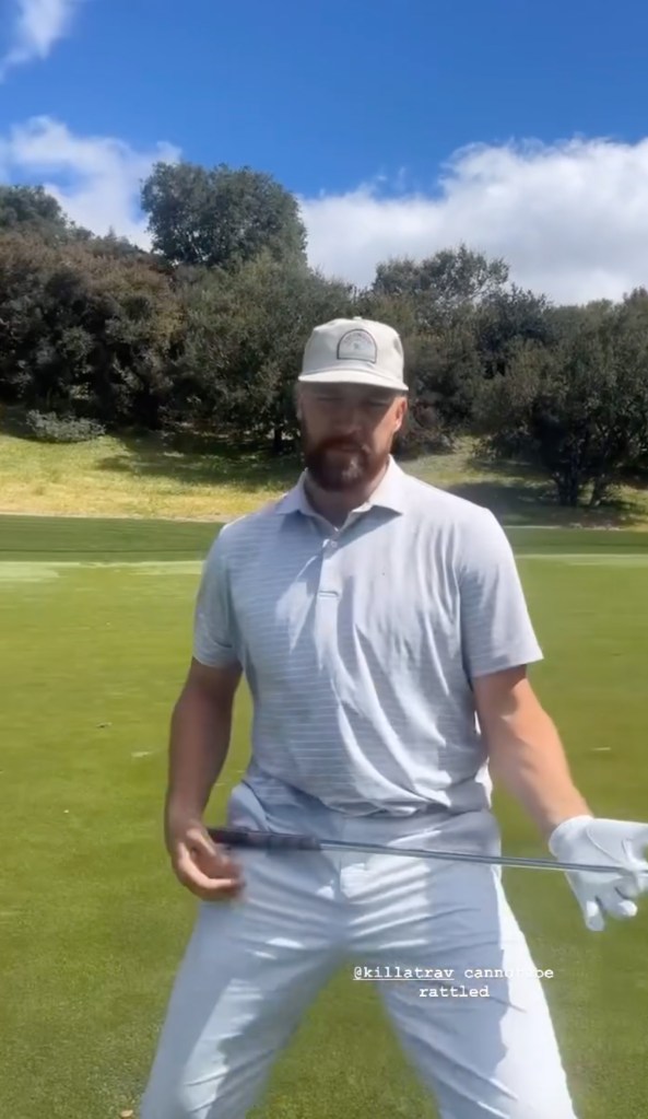 Travis Kelce plays air guitar to Taylor Swift's 'Bad Blood' during a game of golf with NBA star Chandler Parsons.