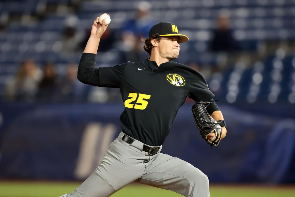 Missouri Tigers pitcher Austin Troesser (25) during the 2023 SEC Baseball Tournament game between the Missouri Tigers and the Auburn Tigers on May 23, 2023 at Hoover Metropolitan Stadium in Hoover, Alabama.