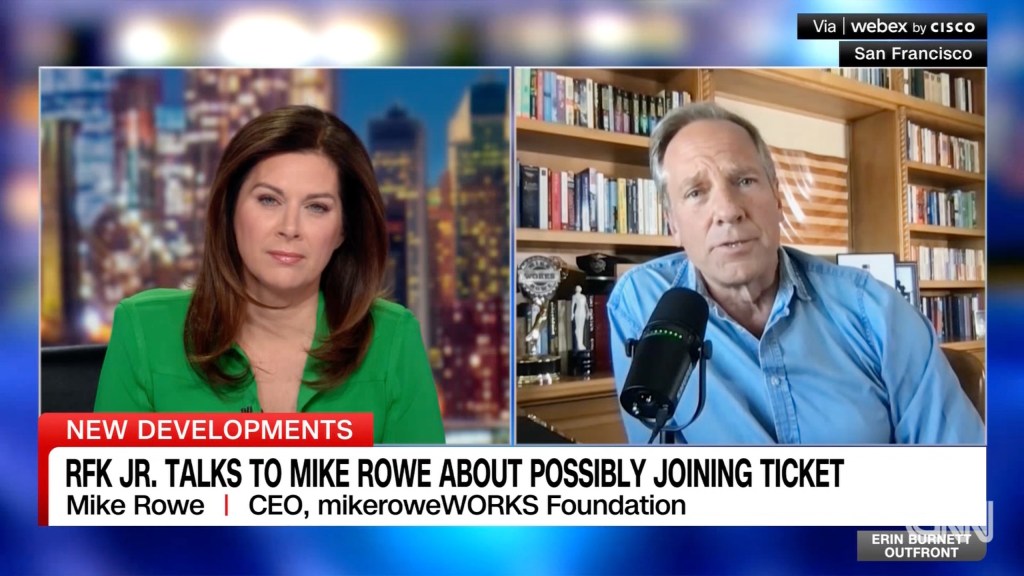 TV host and activist Mike Rowe speaks with CNN's Erin Burnett about the conversation he had with independent presidential candidate Robert F. Kennedy, Jr. about running for political office.