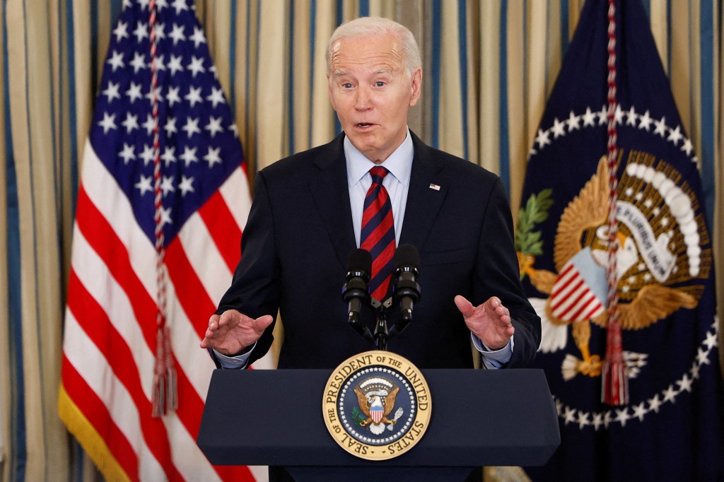 President Joe Biden delivers remarks before a meeting of his Competition Council, in the State Dining Room at the White House in Washington, U.S., March 5, 2024. 