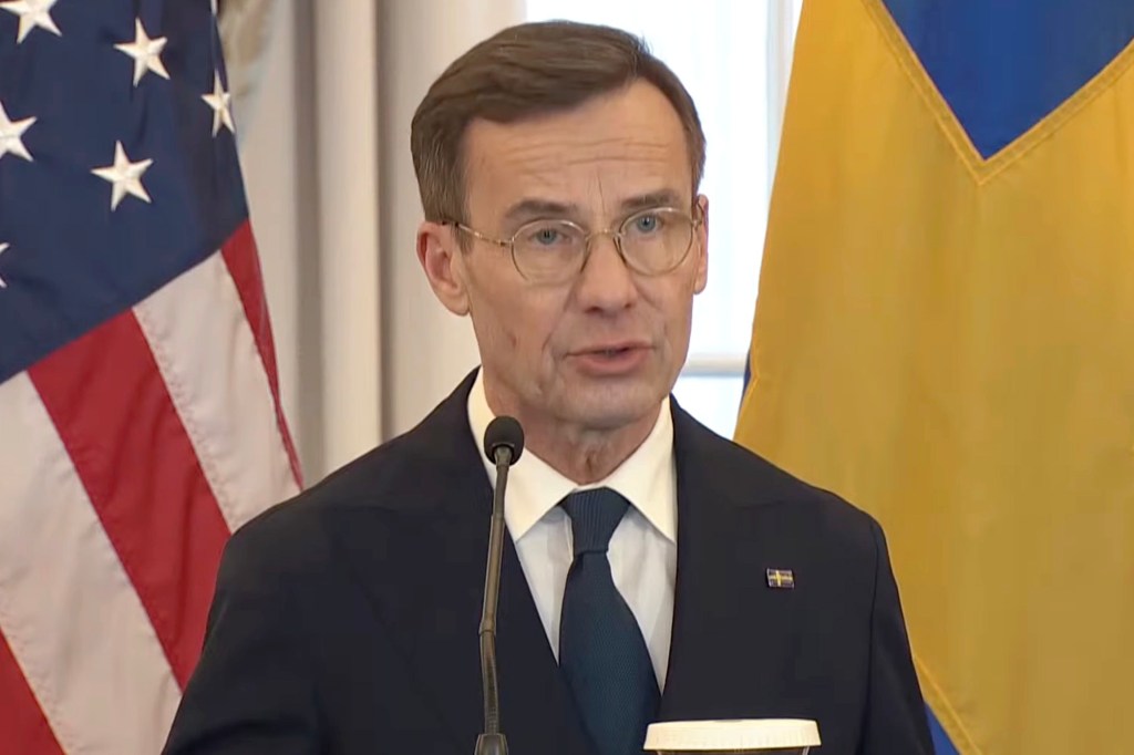 Swedish Prime Minister Ulf Kristersson spoke during the historic ceremony.