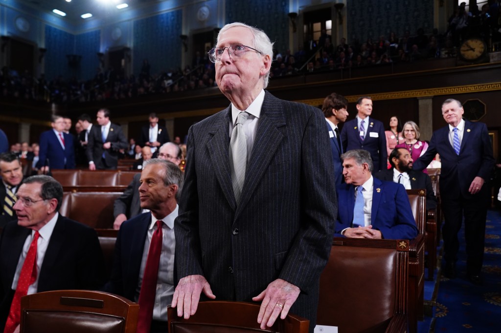 Senate Minority Leader Mitch McConnell (R-KY) stands on the House floor ahead of the annual State of the Union address by U.S. President Joe Biden before a joint session of Congress at the Capital building on March 7, 2024 in Washington, DC.