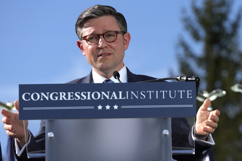 WHITE SULPHUR SPRINGS, WEST VIRGINIA - MARCH 13: U.S. Speaker of the House Rep. Mike Johnson (R-LA) speaks during an âExpanding the Majorityâ press conference at the Greenbrier Hotel on March 13, 2024 in White Sulphur Springs, West Virginia.