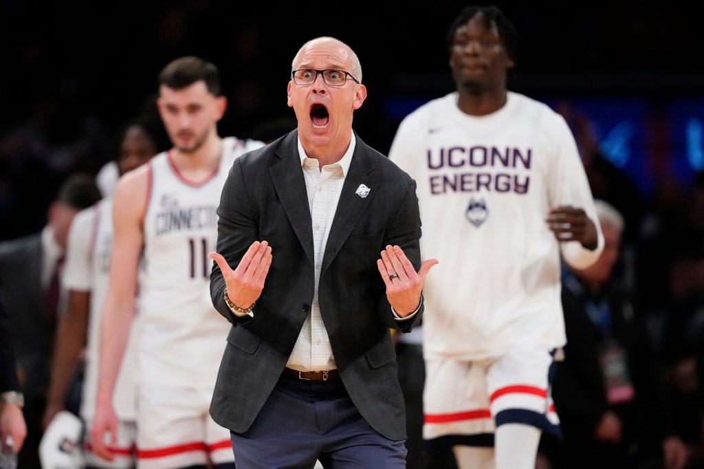 UConn head coach Dan Hurley calls out to his players during the second half of an NCAA college basketball game against Xavier