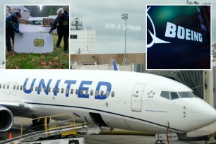 United plane, door from Alaska Airlines midair blowout, and Boeing logo