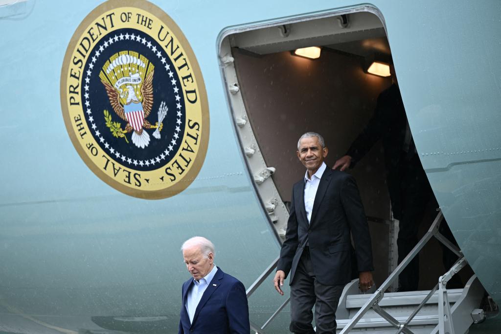 US President Joe Biden and former President Barack Obama stepping off Air Force One at JFK Airport, New York City