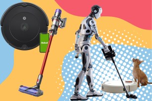 Different types of vacuums, a robot and dog on a multicolored background.