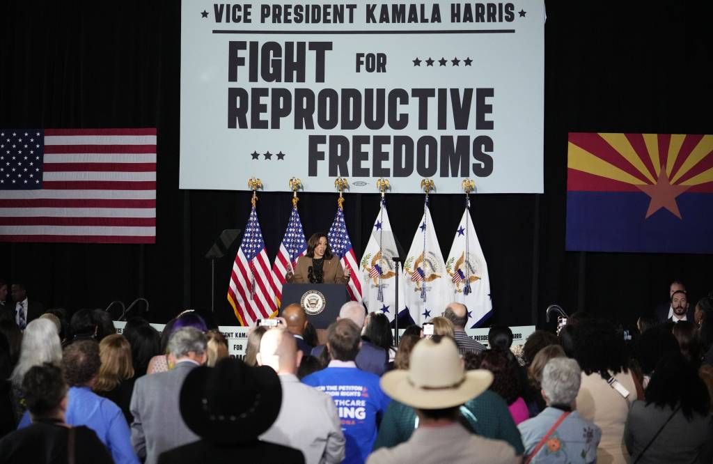 Vice President Kamala Harris gives a speech on her nationwide "Fight for Reproductive Freedoms" tour at the South Mountain Community Center during a visit to Phoenix.