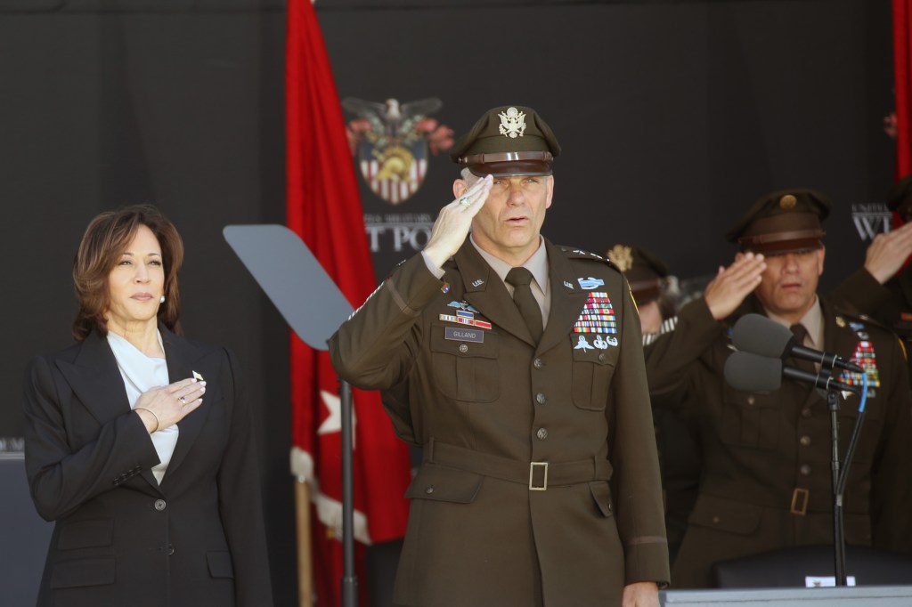 Vice President Kamala Harris and Lieutenant General Steve Gilland attend West Point's graduation ceremony on May 27, 2023, at Michie Stadium in West Point.