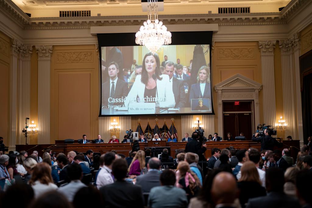A video of Cassidy Hutchinson, former White House aide and assistant to former Chief of Staff Mark Meadows, is seen on screen during a hearing of the House Select Committee to Investigate the January 6th Attack on the United States Capitol in the Cannon House Office Building on Thursday, July 21, 2022 in Washington, DC.