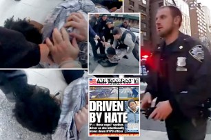 An NYPD cop has been suspended after he was caught on bodycam footage kicking Sahara Dula, 24, in the head as she was nabbed for intentionally ramming into another officer — yelling “F–k these cops! He wouldn’t move!”