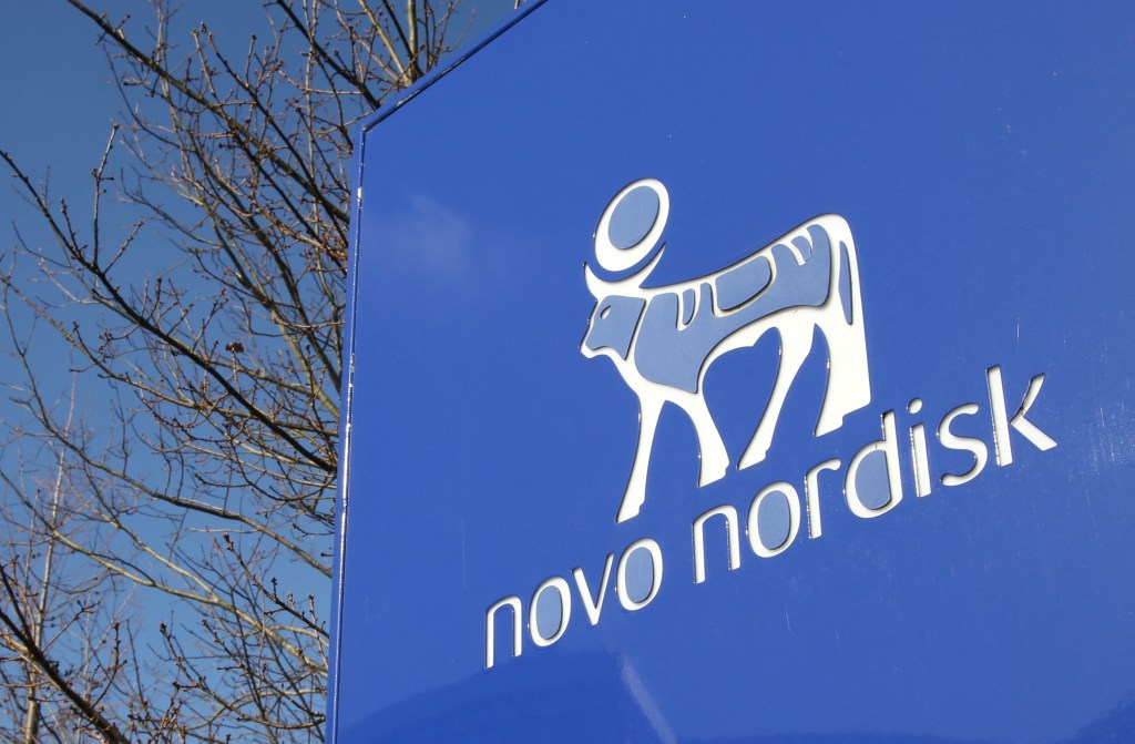 A view shows the logo of Novo Nordisk at the company's office 