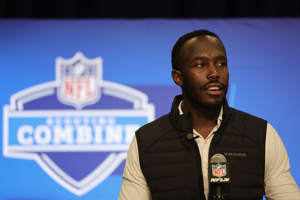 General manager Kwesi Adolfo-Mensah of the Minnesota Vikings speaks to the media during the NFL Combine at the Indiana Convention Center on February 27, 2024 in Indianapolis, Indiana. 