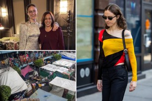 Kamala Harris and her step-daughter Ella Emhoff posing for a photo, with Harris holding Emhoff's graduation cap; emhoff in a yellow and black and red top walking on a city sidewalk; a shelter for displaced palestinians