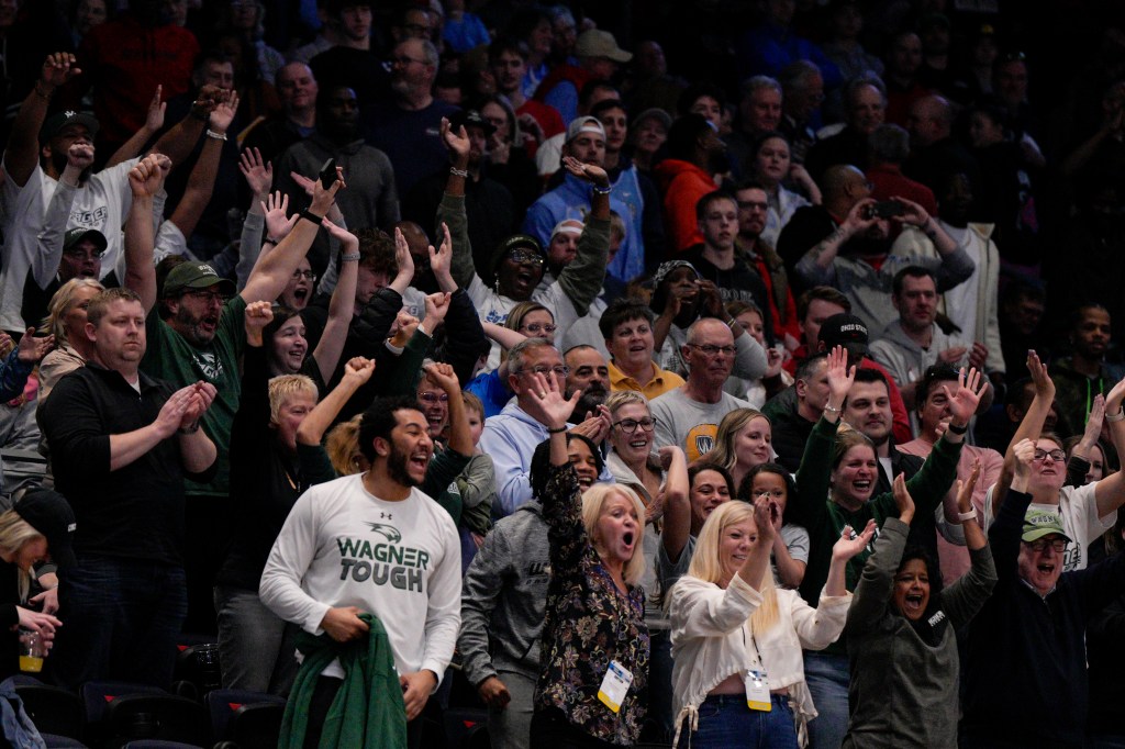 Wagner fans celebrate their team's First Four win over Howard on Tuesday.