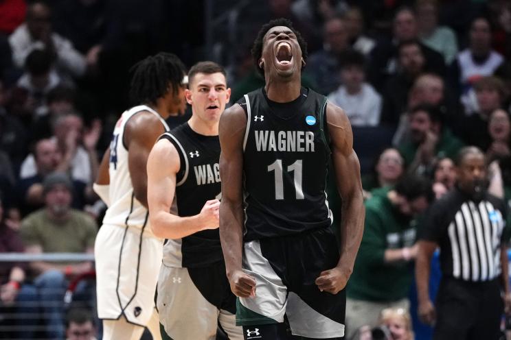 Melvin Council Jr. #11 of the Wagner Seahawks reacts during the second half against the Howard Bison in the First Four game during the NCAA Men's Basketball Tournament at University of Dayton Arena on March 19, 2024 in Dayton, Ohio.