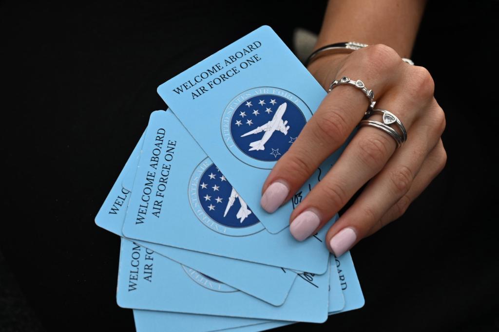 A fanned out handful of Welcome Aboard Air Force One playing cards.