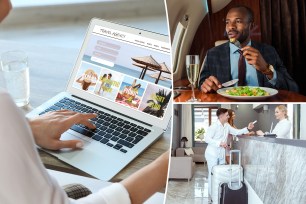 Woman using laptop to plan trip. Man eating on private plane. Couple checking into hotel