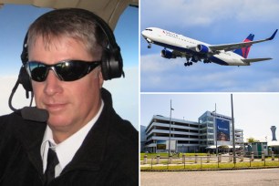 Delta Airlines pilot Lawrence Russell, 63 (left), has been sentenced to 10 months in a Scottish jail for showing up drunk and carrying a half-empty bottle of Jägermeister at Edinburgh Airport (bottom right) before a flight to New York City