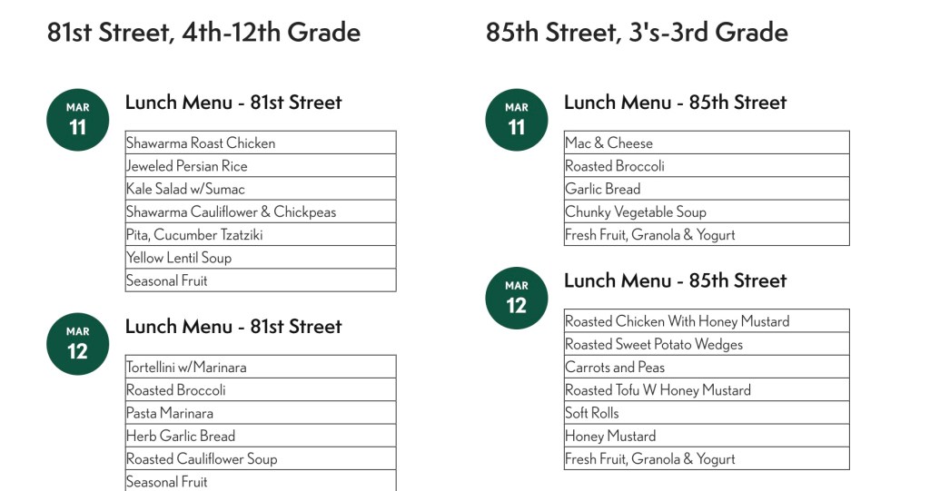 Menus at Calhoun School, where students feast on dishes like roasted tofu and jeweled Persian rice