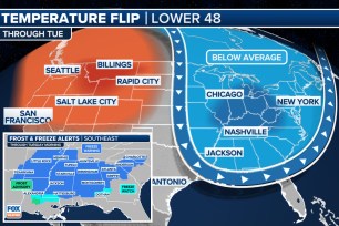 A map of the United States with warm air out West while the East deals with below-average temperatures and snow