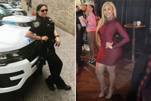 A composite photo; one with Grace Rosa Baez in her NYPD uniform; the other photo she is dressed up