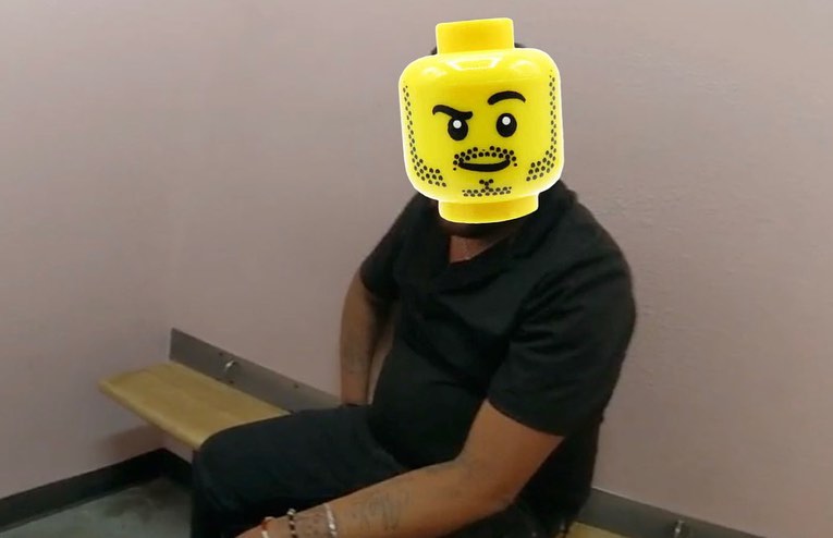 Suspect with a Lego face seen in custody in Murrieta, Calif. 