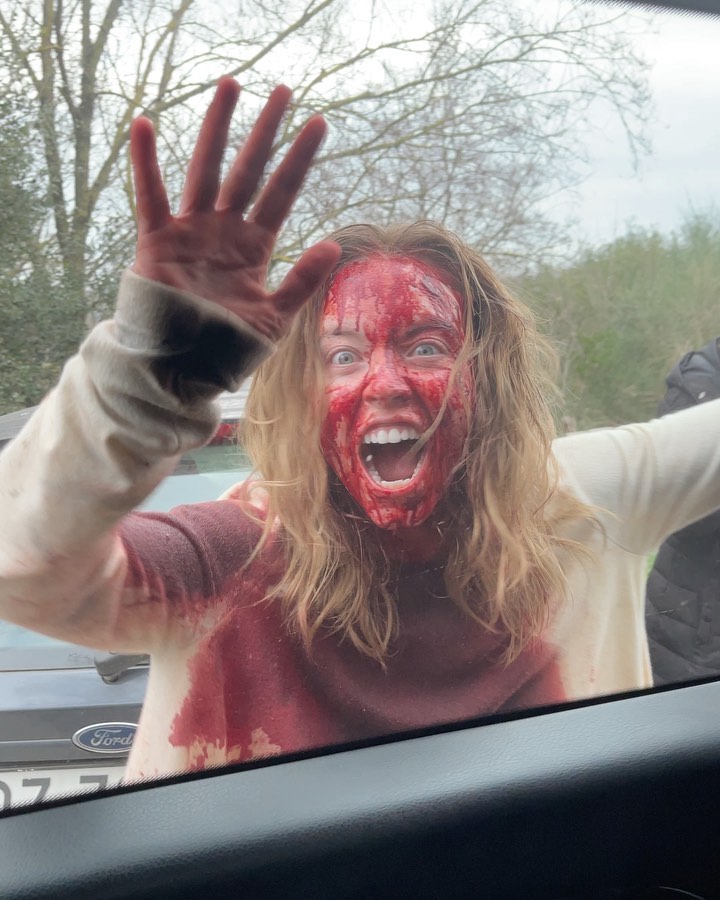 Sweeney posted an Instagram Story video of herself drenched head to toe in blood while banging on a car window. 