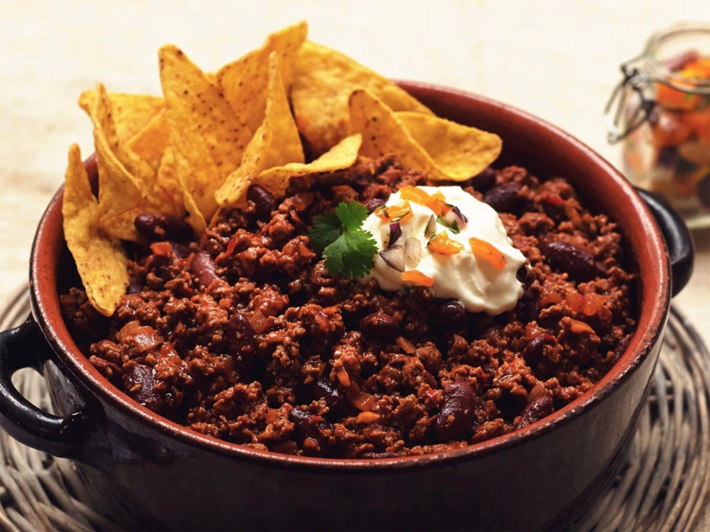 Quorn's vegetarian chili con carne is shown.